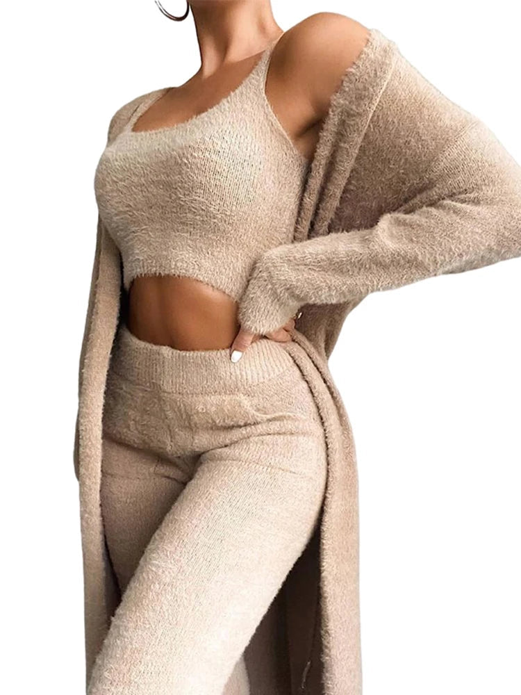 Fall Women Pant Sets Sweater Pajamas For Women Set Cozy Lounge Wear Fuzzy Fleece Sleepwear With Robe 3 Pieces Lounge Wear Sets Good Vibrations
