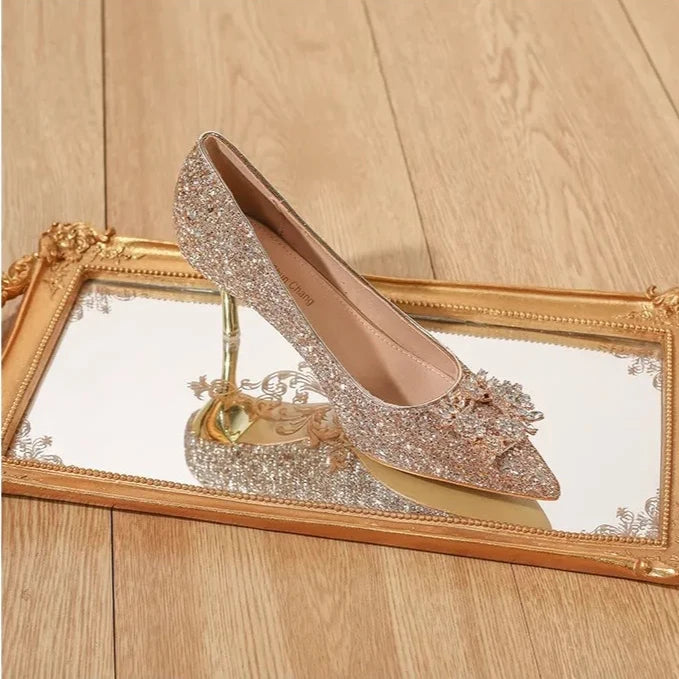 Womens High Heel Shoes Fad Elegant Crystal Pointed Toe Pumps Retro Shallow Mouth Banquet Party Wedding Women Shoes Zapatos Mujer Good Vibrations