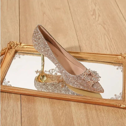 Womens High Heel Shoes Fad Elegant Crystal Pointed Toe Pumps Retro Shallow Mouth Banquet Party Wedding Women Shoes Zapatos Mujer Good Vibrations