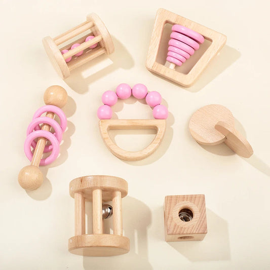 Montessori Wooden Toys Colorful Baby Rattle Set Safe Food Grade Wood Rattle Soother Bracelet Set Toddler Toy Bell Gift Good Vibrations