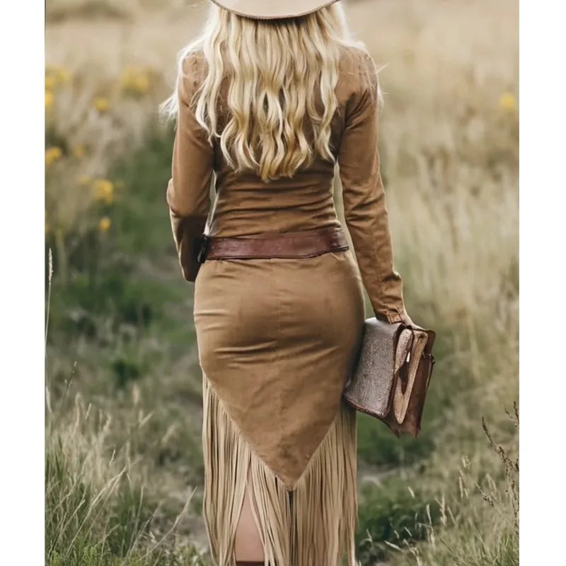 Autumn Winter Fashionable Western Denim Style Women's Dress Fashionable Solid Color Lapel Long Sleeve Suede Tassel Slim Dress Good Vibrations