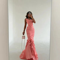 Pink Formal Women Long Bespoke Occasion Gown Evening Dresses Prom Pastrol Unisex Jersey Retro Dubai Saudi Arabic Customized Good Vibrations