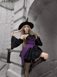 Halloween Witch Costume Role Play Costume Adult Carnival Party Evil Wizard Dress Hat Top Skirt Sleeves Women's Fancy Dress Suit Good Vibrations