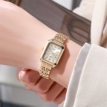 Luxury Ladies Fashion Quartz Watch Simple Scale Square Quality Gold Plated Women Watches Business Stainless Steel Folding Clock Good Vibrations
