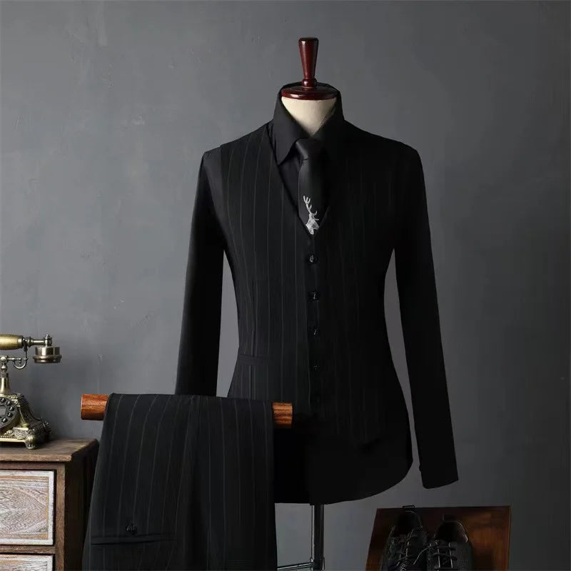 Striped suit set for men, groom's suit, British style groomsman's suit, business formal attire, wedding suit, men's suit