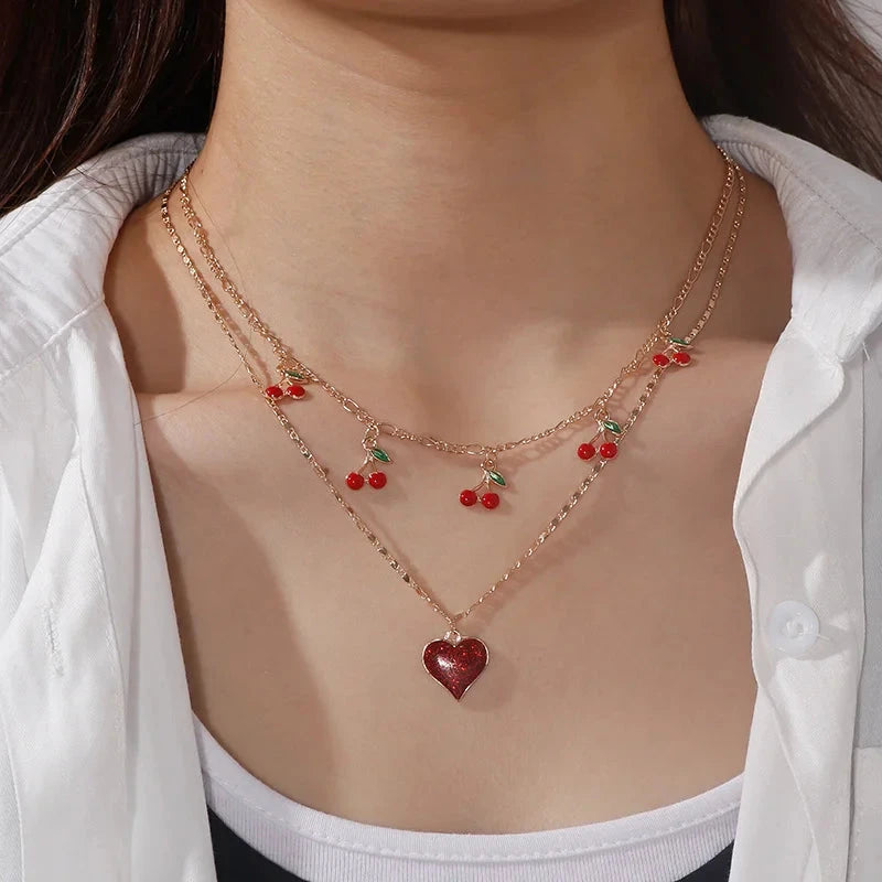 Aihua Boho Gold Color Red Heart Cherry Necklace Romantic Sweet Simple Clavicle Necklaces for Women Collar Fashion Jewelry Gifts Good Vibrations
