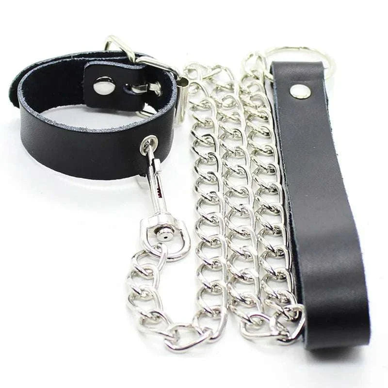 Leather penis ring with metal chain and scrotal cuff for BDSM training and penis exercise.