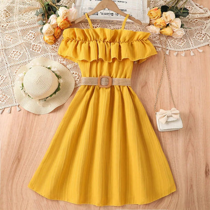 Prowow Girls Party Dresses Sleeveless Belted Halter Neck Hem Dress Holiday Beach Children's Clothing Teenagers Dress For Girls Good Vibrations