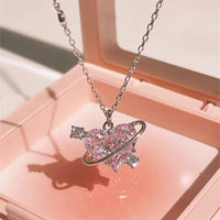 Y2K Pink Planet Heart Zircon Pendant Necklaces Women Fashion Aesthetic Clavicle Chain Necklace Valentines Day Gift Party Jewelry Good Vibrations