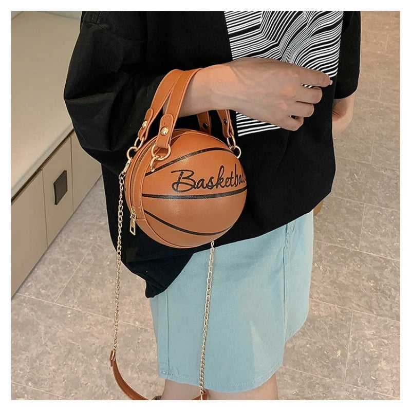 Women's Shoulder Bag PU Leather Chain Funny Round Basketball Letters Printed Youth Handbag Purse Fashion Crossbody Messenger Bag Good Vibrations