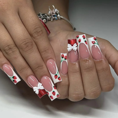 24Pcs Long Coffin French False Nails with Glue Bow Diamond Stick on Press on Acrylic Nails Black Ballerina Nail Art Manicure Tip Good Vibrations