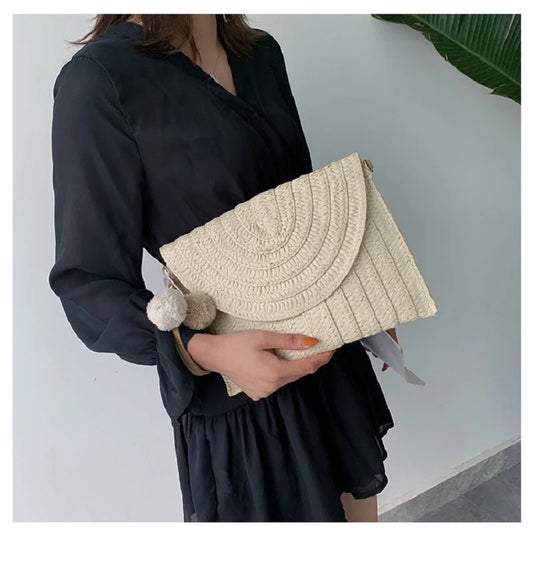 Corn Husk Weave Dinner Clutch Bag Women's Fashion Simple Solid Straw Large Purse Woman Summer Casual Vacation Ladies Wallet 2025 Good Vibrations