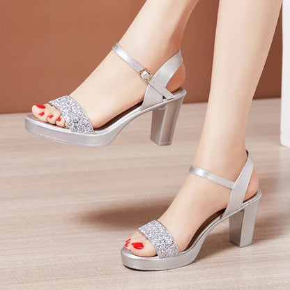 8 10 13cm Small Size 32-43 Bling Silver Wedding Shoes Bride Platform Sandals Summer 2025 Block High Heels Sandals Party Model Good Vibrations