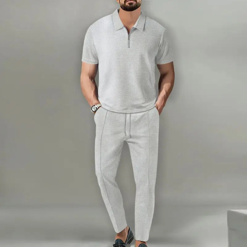 2025 Spring and Autumn New Men's Solid Color Set Lapel Short Sleeve Zipper Pants Set suits for men Good Vibrations