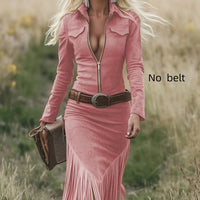 Women's Vintage Western Style Long Sleeve Dress - Sexy Long Sleeve V-Neck with Fringe Hem, Party, Holiday Dress, Suitable for Spring, Summer, Autumn, Casual to Semi-Formal Occasions, Western Themed Parties (No Belt) Good Vibrations