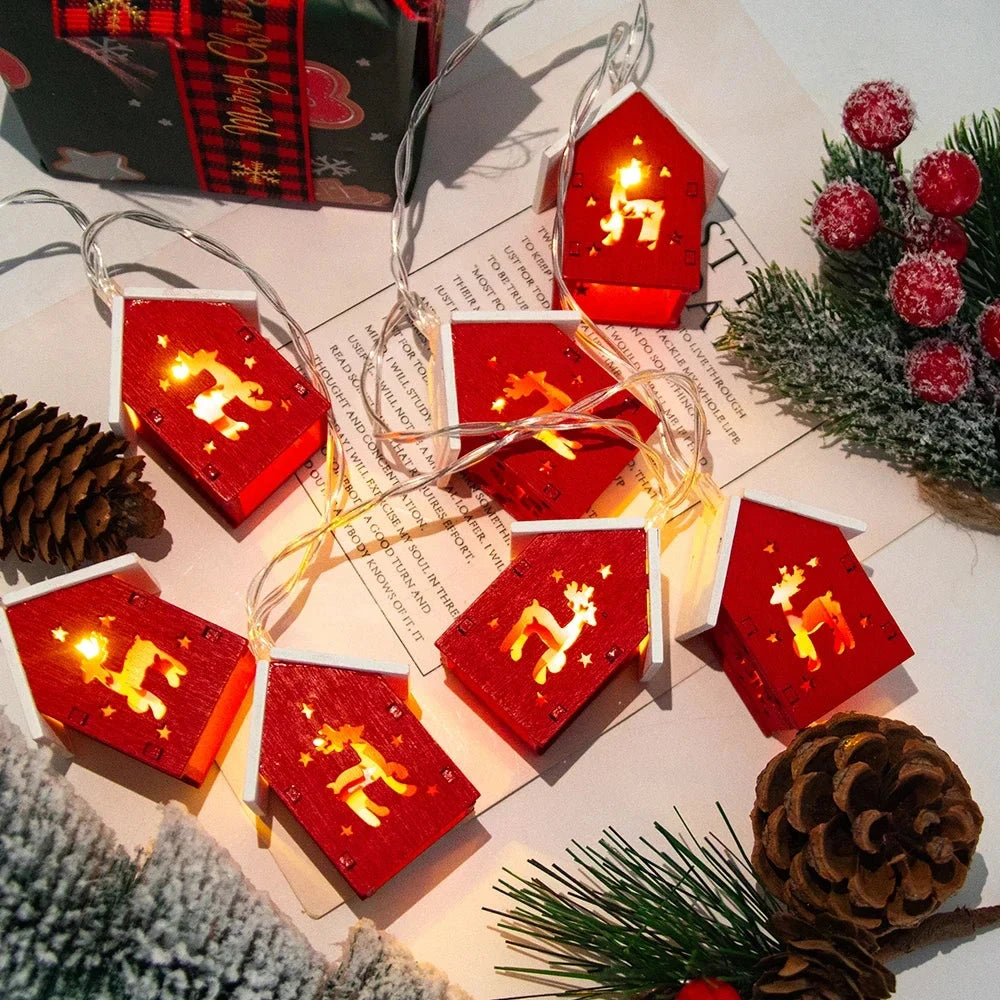 Christmas Wooden House LED String Light Xmas Tree Garland Home Fairy Lamp Merry Christmas Hanging Ornament 2025New Year Gift Noe Good Vibrations