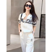 Summer Sporty Casual Women's Short Sleeve Two-Piece Set Trendy White Open Cardigan And Loose Pants Street Style Outfit Good Vibrations