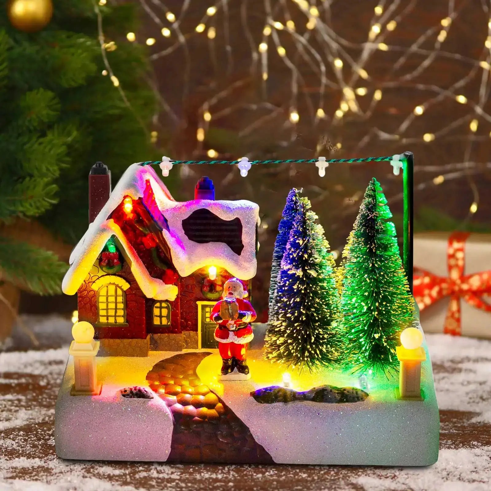 Christmas Village Scene Collectible Building with Lights Trees Santa Claus Snow Town Landscape Decor Holiday Home Desk Fireplace Good Vibrations