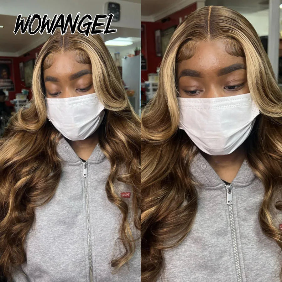Wow Angel 13X6 HD Lace Frontal Human Hair Wigs 250% Highlight Body Wave Wigs Full Lace Wigs Melt Skins Ombre Colored Wigs Good Vibrations
