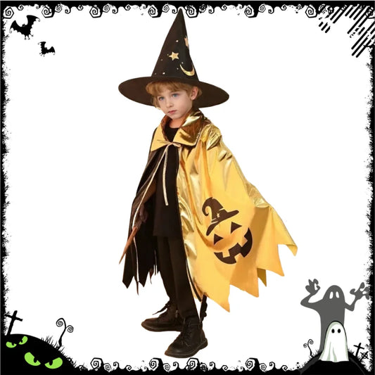 Halloween Witch Cosplay Costume for Kids Gold Black Color Block Cape with Hat Pumpkin Moon Print Cloak Outfit Party Dress Up Good Vibrations