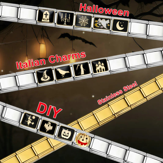 Goth Vintage Black Glaze Skull Raven Ghost Halloween Day's Charm Links Fit 9mm Bracelet Stainless Steel Making DIY Jewelry Good Vibrations