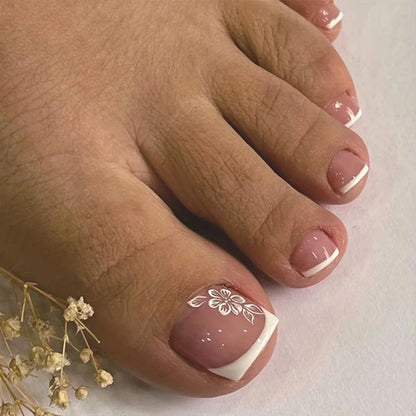 96Pcs/Box French Fake Toenails Butterfly/Flower Design Short Square  Press On Toenail Glossy Full Cover False Toe Nail Extension Good Vibrations
