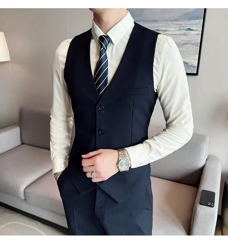 Suit (suit +Vest+Pants) Formal Business Men Four Seasons Professional Fashion Gentleman Solid Color Outdoor British Style Suit