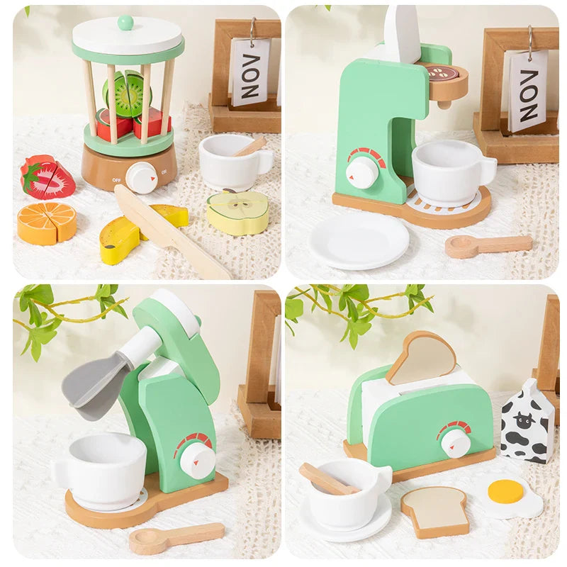Children's playhouse wooden toys, simulation juicer, coffee machine, blender, bread machine, creative building blocks Good Vibrations