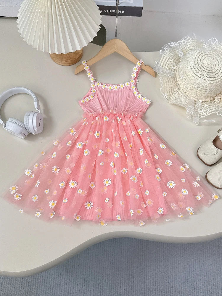Summer Pink Cute And Cool Halter Dress Small Daisy Flower Mesh Puffy Princess Dress Children's Clothing Good Vibrations