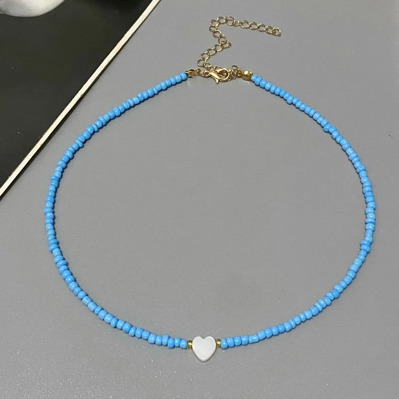 New Nature Shell Love Heart Choker Necklace for Girl Spring Summer Fashion Small Colorful Glass Beads Necklace Gift for Friend Good Vibrations
