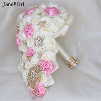 JaneVini Luxury Golden Rhinestones Pink Ivory Cascading Flowers Waterfall Bridal Bouquets Artificial Satin Roses Wedding Bouquet Good Vibrations