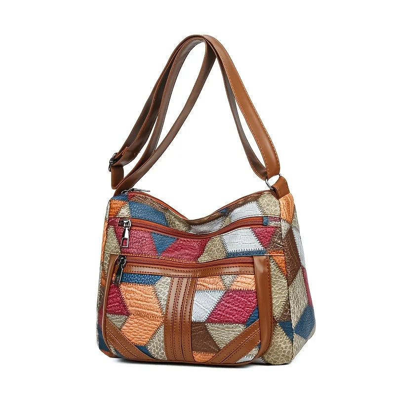 Chic Crossbody Bags for Women Stylish Stitching, Geometric Pattern, Multi Compartment Design with Zipper Closure, Travel Purse Good Vibrations