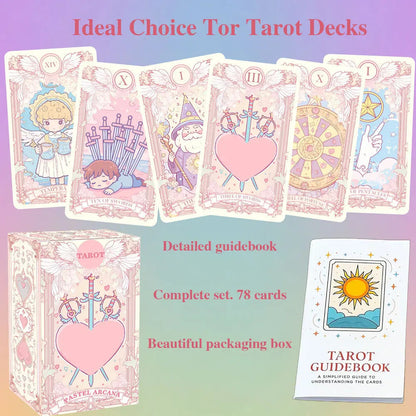 Pastel Arcana Tarot Deck 78 Cards Full Set With Guidebook, 400GSM Thick Paper Cute Kawaii Pastel Tarot Cards, Mystical Oracle Good Vibrations