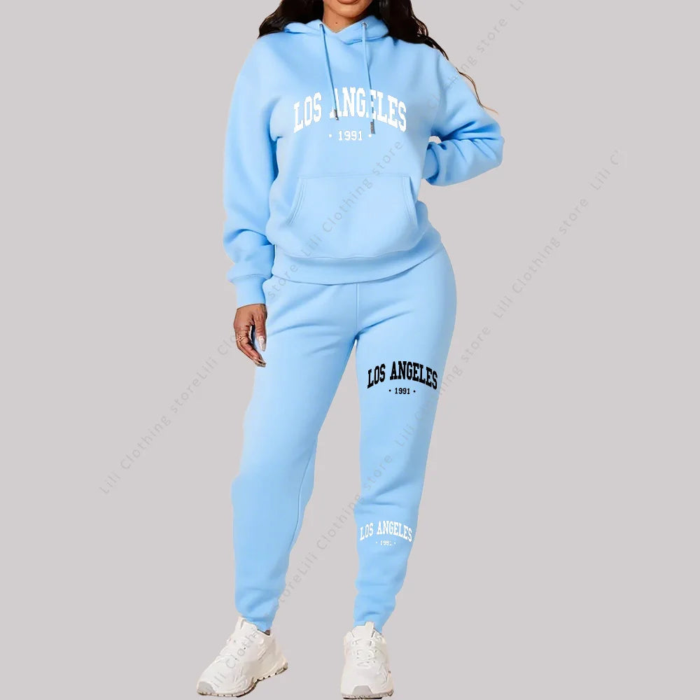Women Sets Hoodies Pants 2 Piece Outfits Aesthetic Sportswear Sweatsuit Los Angeles Letter Print Suit Ladies Tracksuit Plus Size Good Vibrations