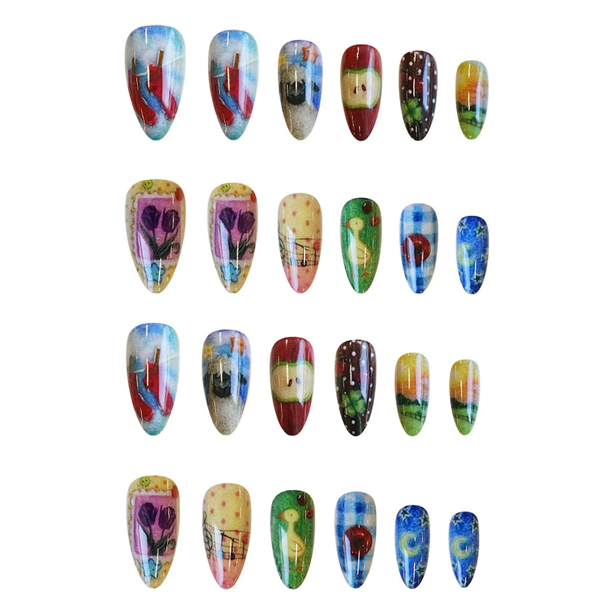 24pcs Cute Cartoon Fake Nail Tips Oil Painting Series Printed Almond Press On Nail Sweet Cool Charming False Nail For Spicy Girl Good Vibrations