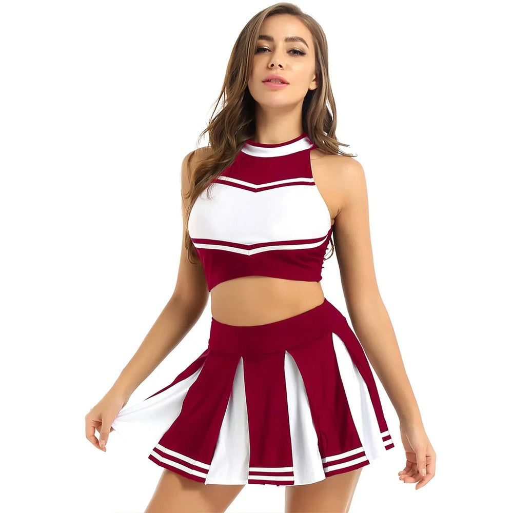 Carnival Costume 2Pcs Womens Adults Cheerleading Uniform Cosplay Outfit Crop Top with Mini Skirt Halloween Fancy Dress Up Party Good Vibrations