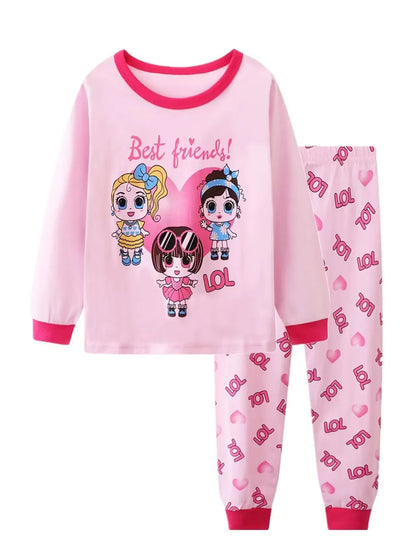 2pcs Girls Casual Cartoon Unicorn Print Crew Neck Pink Cotton Pajama Sets Good Vibrations