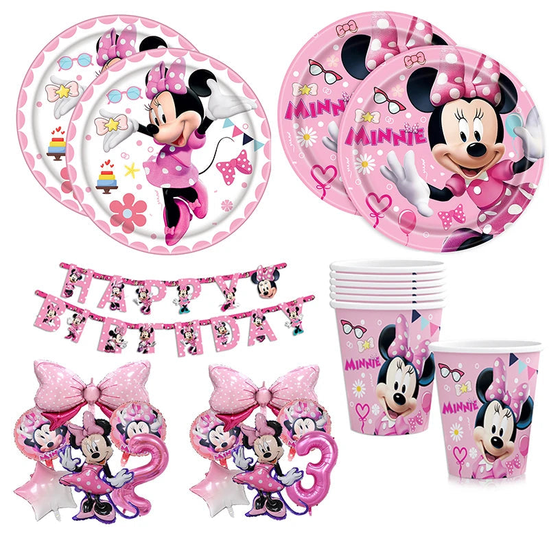 Disney Pink Minnie Mouse One Year Old Birthday Party Supplies Cup Plate Kids Girl Birthday Party Decor Disposable Tableware Set Good Vibrations