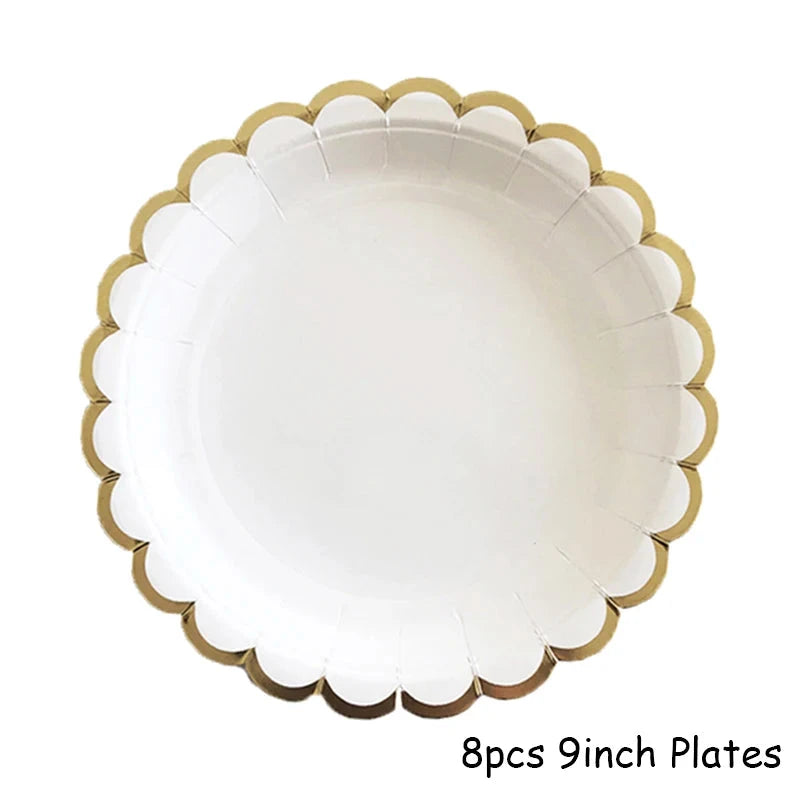 White Disposable Tableware Set Party Gold Paper Plate Wedding Necessitie Birthday Party Baby Shower Decorations Wedding Supplies Good Vibrations