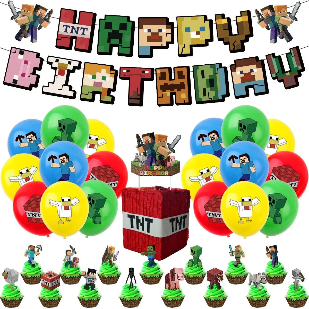 Blocky Game Birthday Party Decoration Set Pixel War Banner Balloons and Tablecloth Combination Birthday Party Festival Supplies Good Vibrations