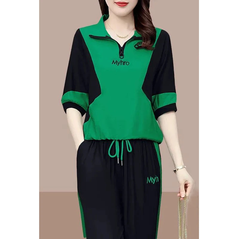 2 Piece Sets Women 2024 Summer Fashion Contrast Color Half Zipper Short Sleeve Tops Casual Pockets Sports Joggers Pants Outfits Good Vibrations