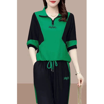 2 Piece Sets Women 2024 Summer Fashion Contrast Color Half Zipper Short Sleeve Tops Casual Pockets Sports Joggers Pants Outfits Good Vibrations