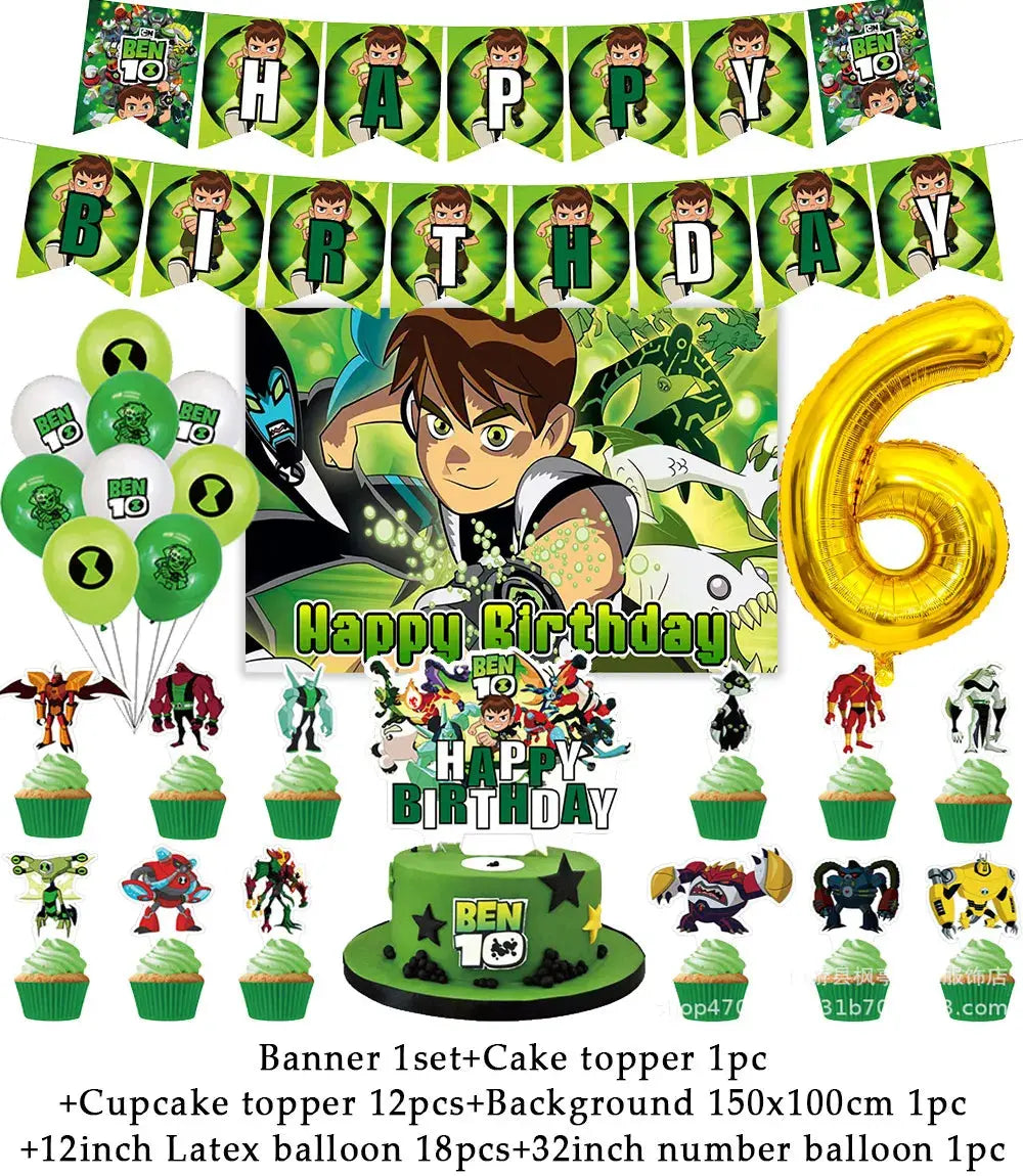 Cartoon Ben-10 Birthday Party Decoration Balloons Favor Set Banner Cake Toppers Baby Shower Boys Gift Party Supplies Photo Prop Good Vibrations