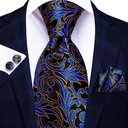 Hi-Tie Navy Blue Solid Paisley Silk Wedding Tie For Men Hanky Cufflink Mens Necktie Set Business Party New Design Dropshipping Good Vibrations