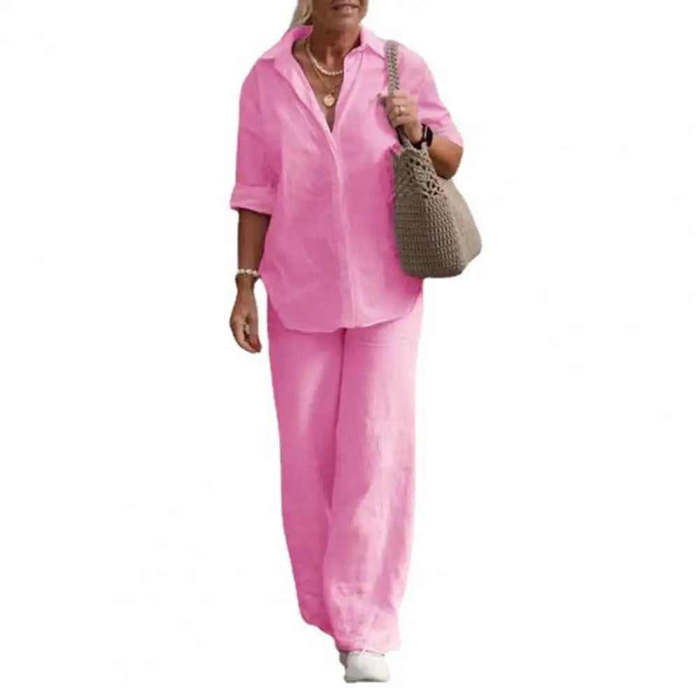 Two-piece Set Women Summer Suit Plus Size Cotton Linen Single-breasted Shirt Trousers Casual Top Wide Leg Pants Loose Outfits Good Vibrations