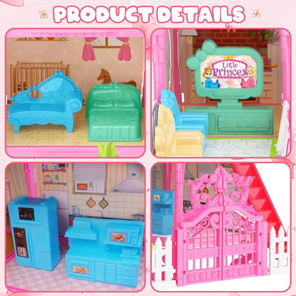 Luminous Doll House Dreamhouse for Girls Princess Playhouse Set with Dolls Furniture Accessories Pretend Play Birthday Gifts Good Vibrations