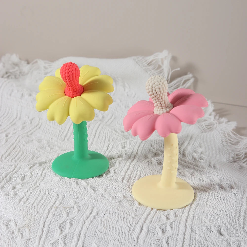 Baby Teether with Flower Shape and stand Base - Food-Grade Silicone, BPA-Free, Easy-to-Hold Chewing Toy for Infants Good Vibrations
