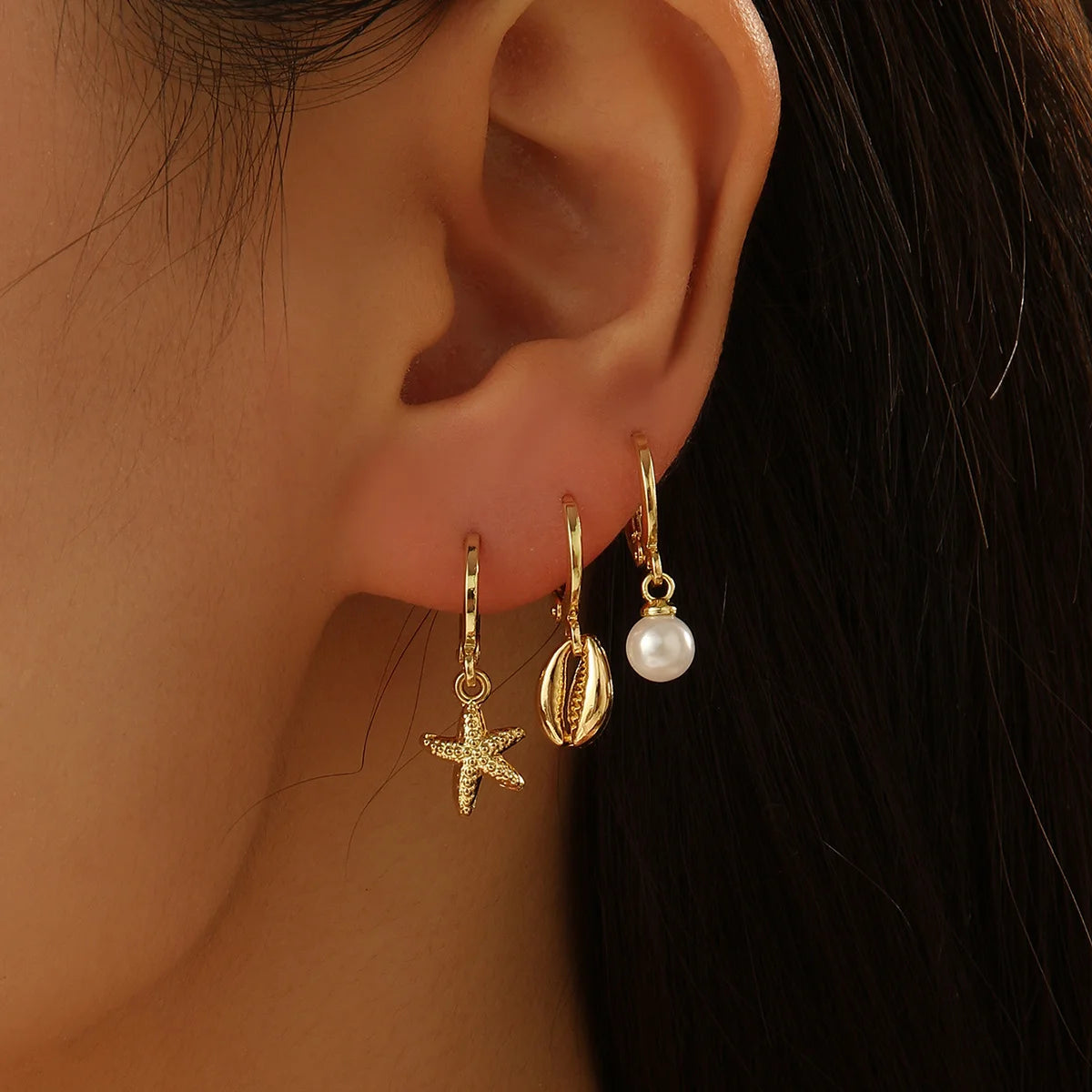 Fashion Asymmetric Ocean Style Earrings Stud  For Women Starfish Shell Earring Ear Ring Imitation Pearl Zircon Jewelry Gift Good Vibrations