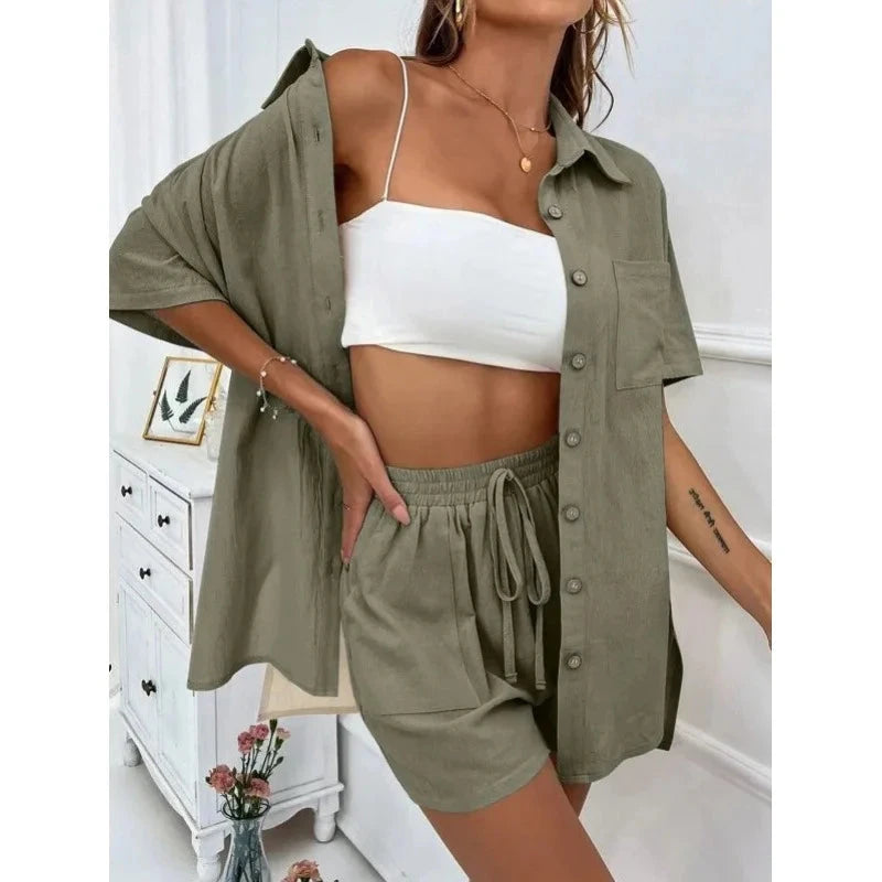 Fashion Black Short Sleeve Shirt And Shorts Two Piece Sets Women 2025 Summer Cotton Linen Casual Home 2 Piece Sets Women Outfit Good Vibrations