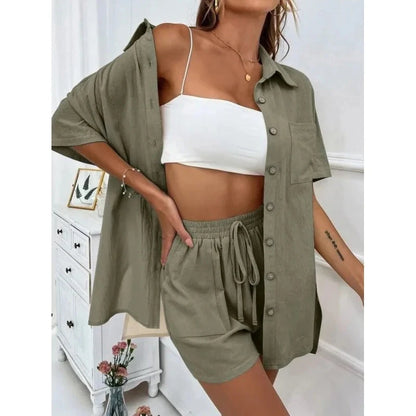 Fashion Black Short Sleeve Shirt And Shorts Two Piece Sets Women 2025 Summer Cotton Linen Casual Home 2 Piece Sets Women Outfit Good Vibrations